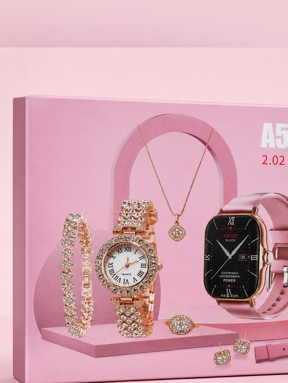 A58 Plus 2.02” Big Screen Smartwatch & Jewelry Gift Set – Pink/Rose Gold